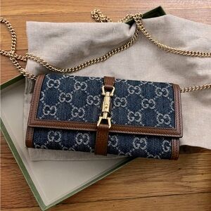 Gucci Jackie 1961 Chain Wallet GG Jacquard Denim Blue
